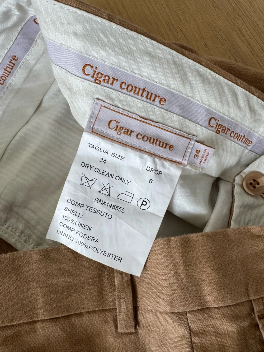 Cigar Couture Men 100% Linen Trousers Pants Size 34